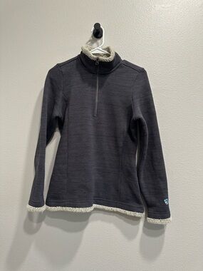 KUHL Charcoal Half-Zip Fleece Pullover with Cream Trim,small,outdoor,warm